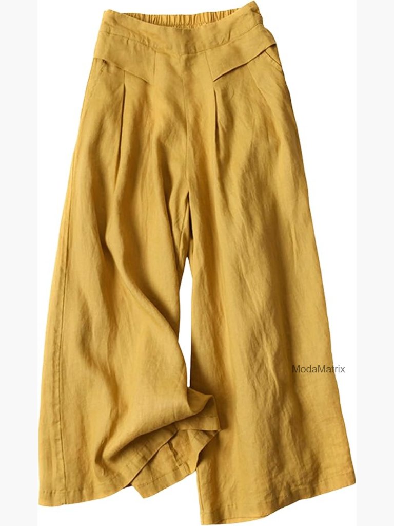 Women's Linen Wide Leg Palazzo Pants Elastic Waist Culottes With Pockets
